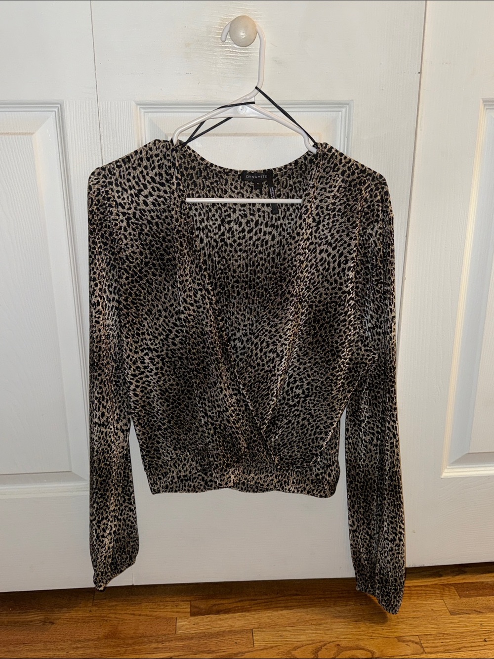 Dynamite Leopard Print Wrap-Front Long Sleeve Top - Black/Tan